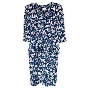 Vintage JR Too Dress - Blue Floral Long Sleeve Peplum - 12P